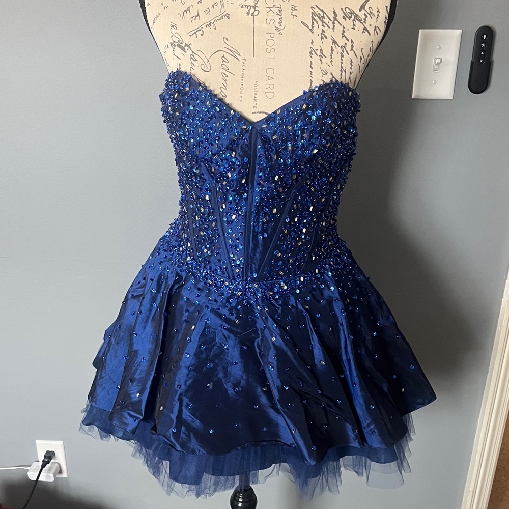 Glamorous Go Jane Small Blue Strapless Dress with Beaded Details